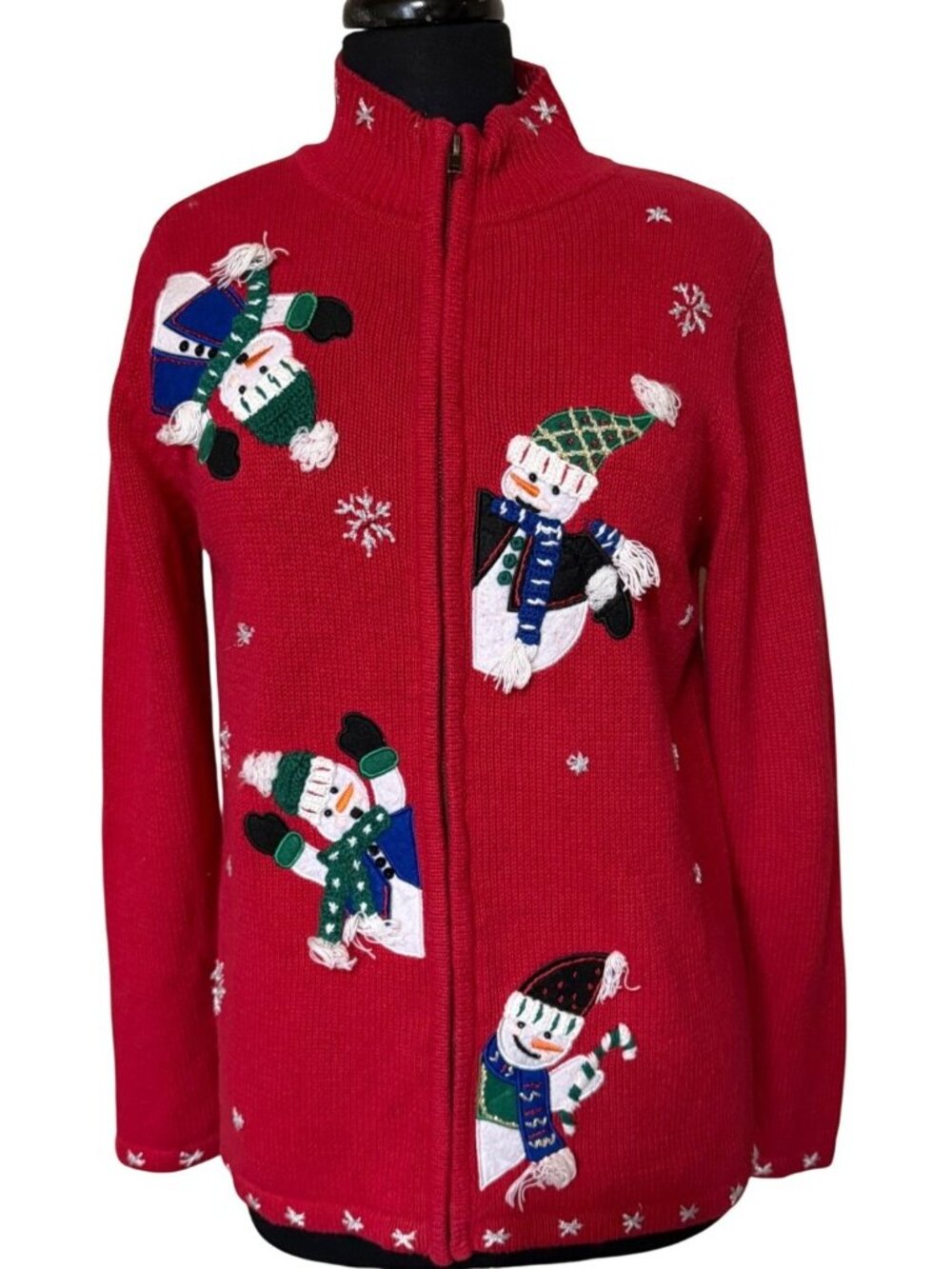 VINTAGE White Stag Snowman Full-Zip Holiday Cardigan Sweater Ladies Size M-READ
